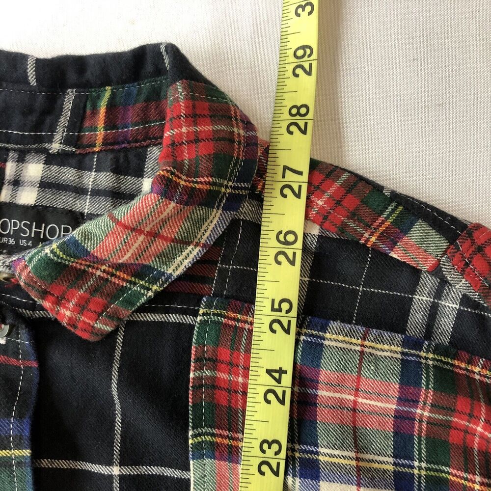 Topshop Shirt Women 4 Black Red Plaid 100% Cotton Button Up Shirt Long Sleeve - Picture 9 of 12